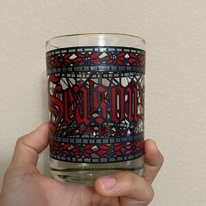 Houze Vintage Seasons Greetings Low Ball Stained red green black Drink glass